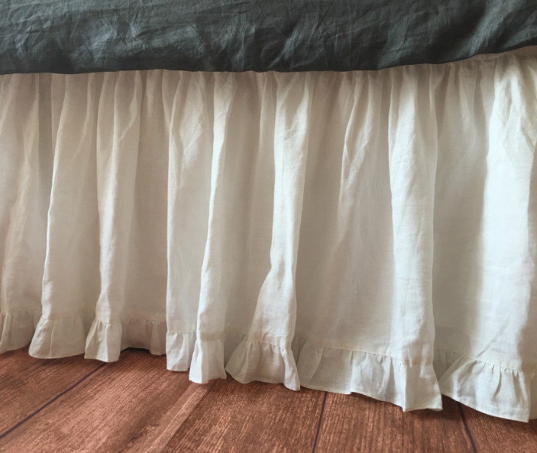White Linen Bed Skirt With Ruffle Hem, White Dust Ruffles, Linen Dust