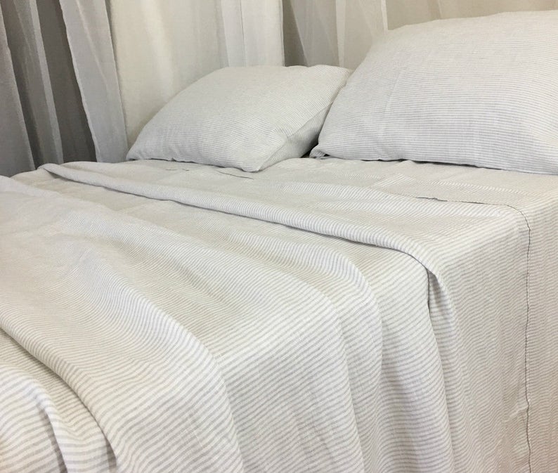 Stone Grey And White Striped Bed Sheet Pinstripe Bedding Image 0