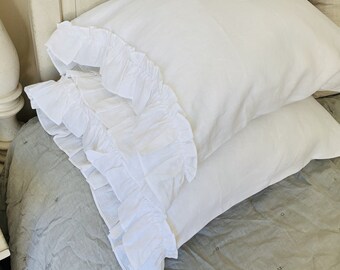 White Linen Shams, Vintage Ruffles on One End, 2 pieces, a Pair