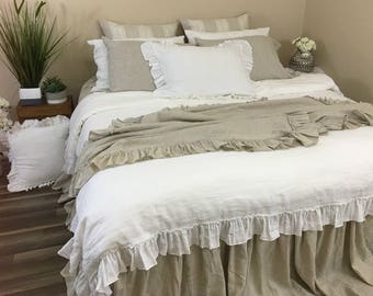 White Linen Duvet Cover with Country Ruffle Hem, Cottage Glamour