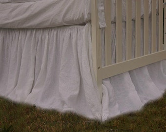 Natural linen crib skirt, drop from 15-24", in white linen, gray linen, pink linen, striped linen.