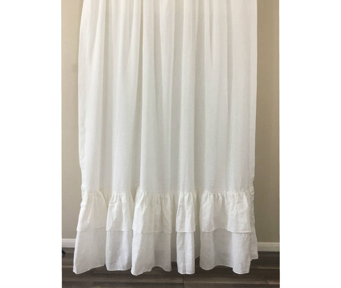 Linen Shower Curtain with double ruffleWhite Gray Blue Etsy