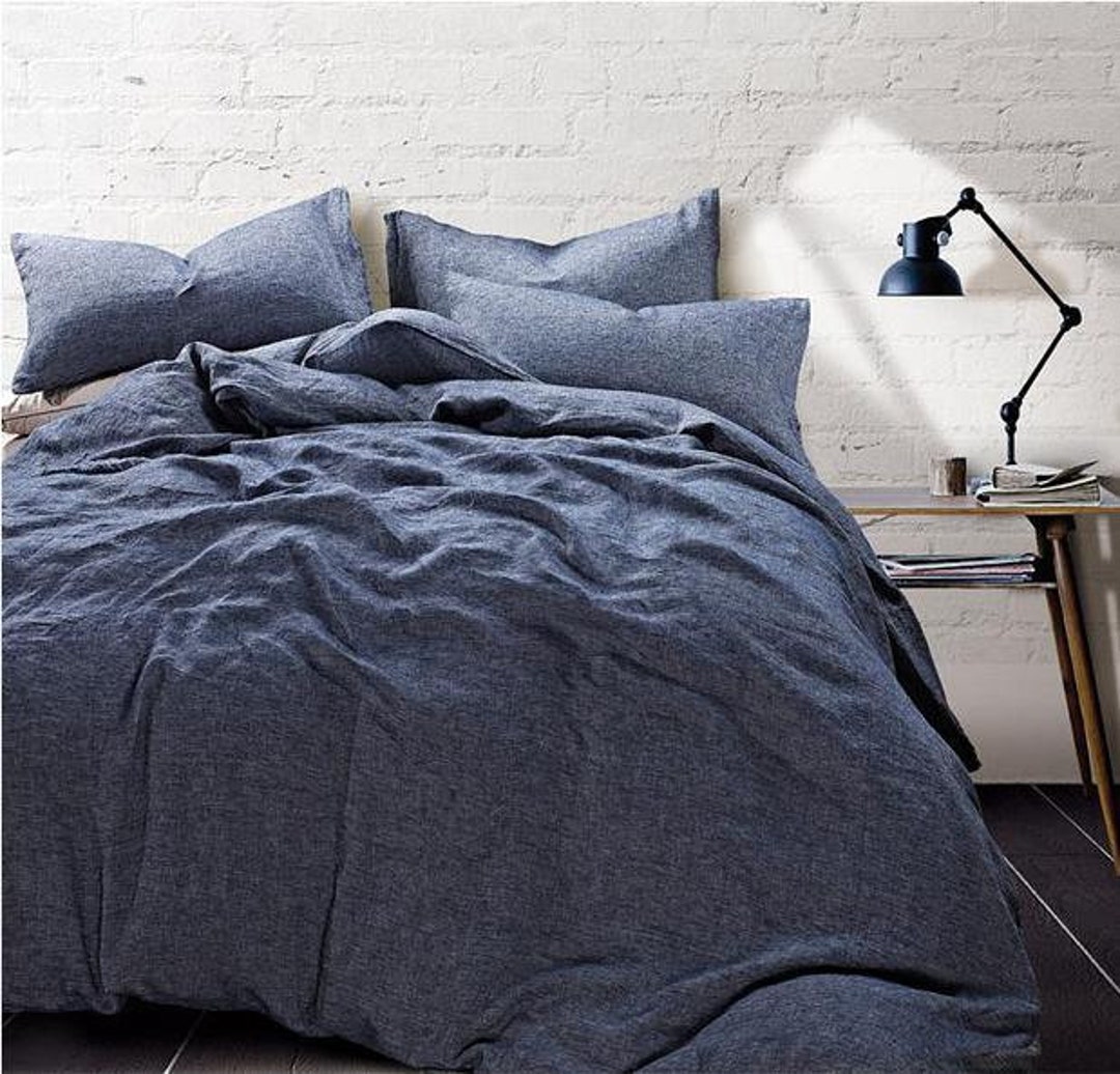 DENIM BLUE Chambray Linen Duvet Cover Handmade, Denim Blue Bedding