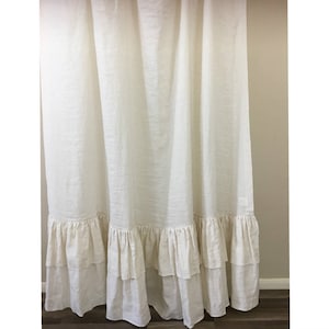 Cream Linen Shower Curtain with Double Layer Ruffles, Fabulous Chic! Mildew-Free, 72x72, 72x85, 72x94, or Custom Size