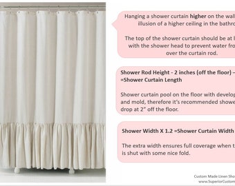 Ready to Ship Soft White and Natural Linen Color Block Shower Curtain, Custom Size Shower Curtain
