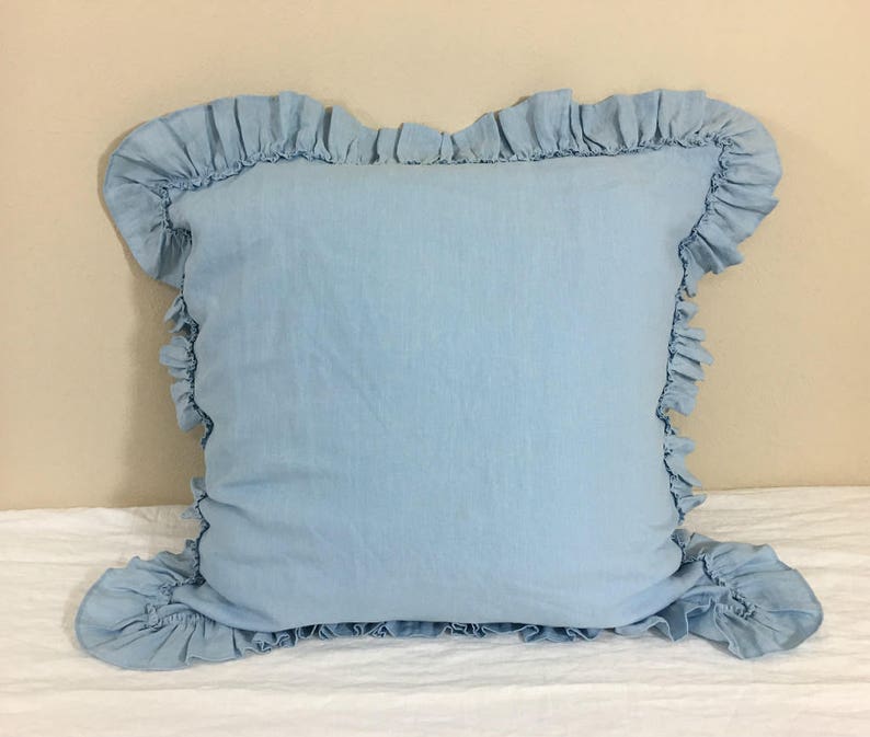 Natural Linen Blue Euro Sham Cover With Country Ruffle Etsy Ireland