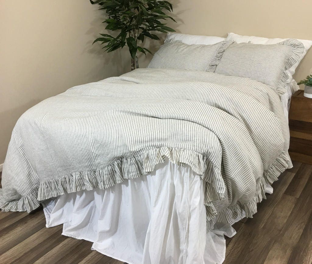 Ruffled Pinstripe Duvet Cover in Grey and White Natural Linen Etsy