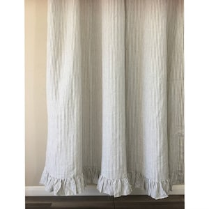 Grey stripe Linen shower curtain features ruffle hem - Mildew-Free, 72x72, 72x85, 72x94. Custom Curtains, Bathroom Curtain, Bathroom Decor