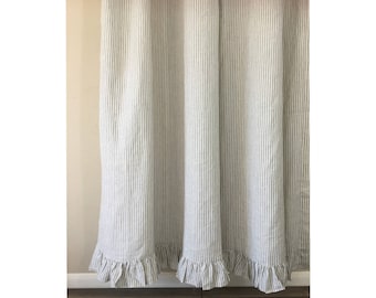 Grey stripe Linen shower curtain features ruffle hem - Mildew-Free, 72x72, 72x85, 72x94. Custom Curtains, Bathroom Curtain, Bathroom Decor