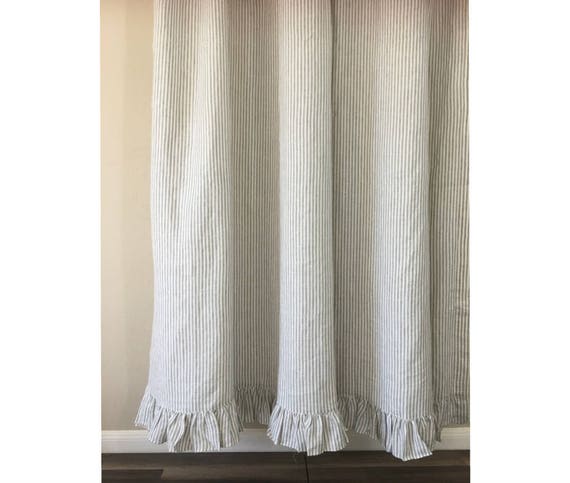 Grey Stripe Linen Shower Curtain Features Ruffle Hem Etsy
