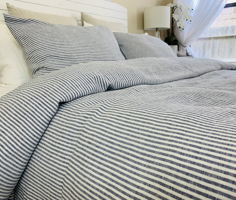 Navy and Whites Striped Duvet Cover Natural Linen 100 Flax Etsy