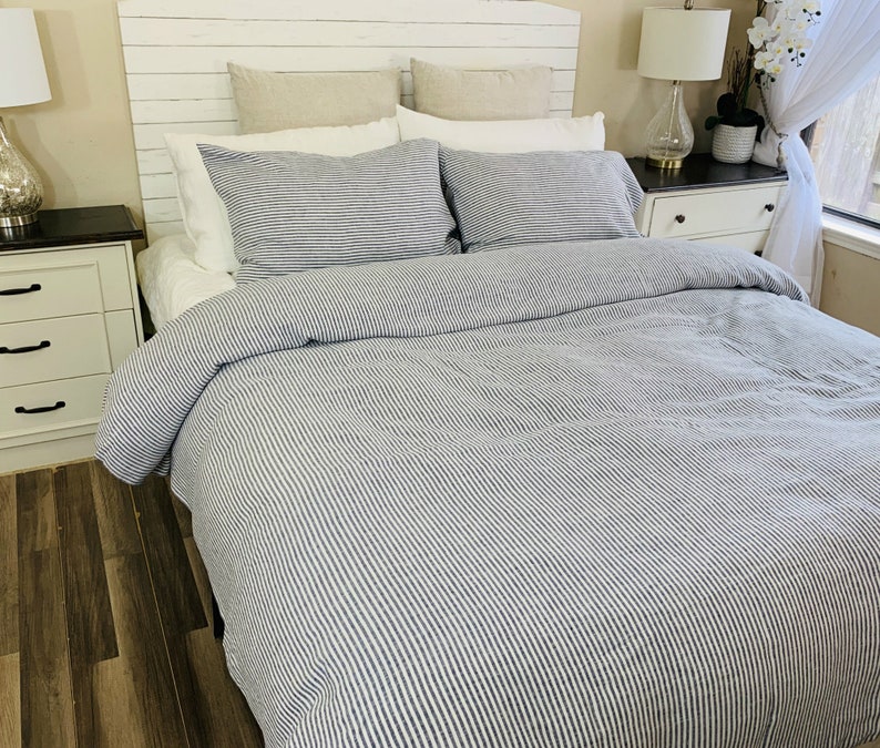 Navy and Whites Striped Duvet Cover Natural Linen 100 Flax Etsy