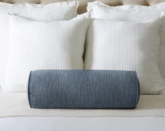 Linen Bolster Pillow Cover, Cylinder Shape with Corded Piping, Natural Linen Neck Roll Cushion Cover, Farmhouse Cottage Style, 60+ Colors