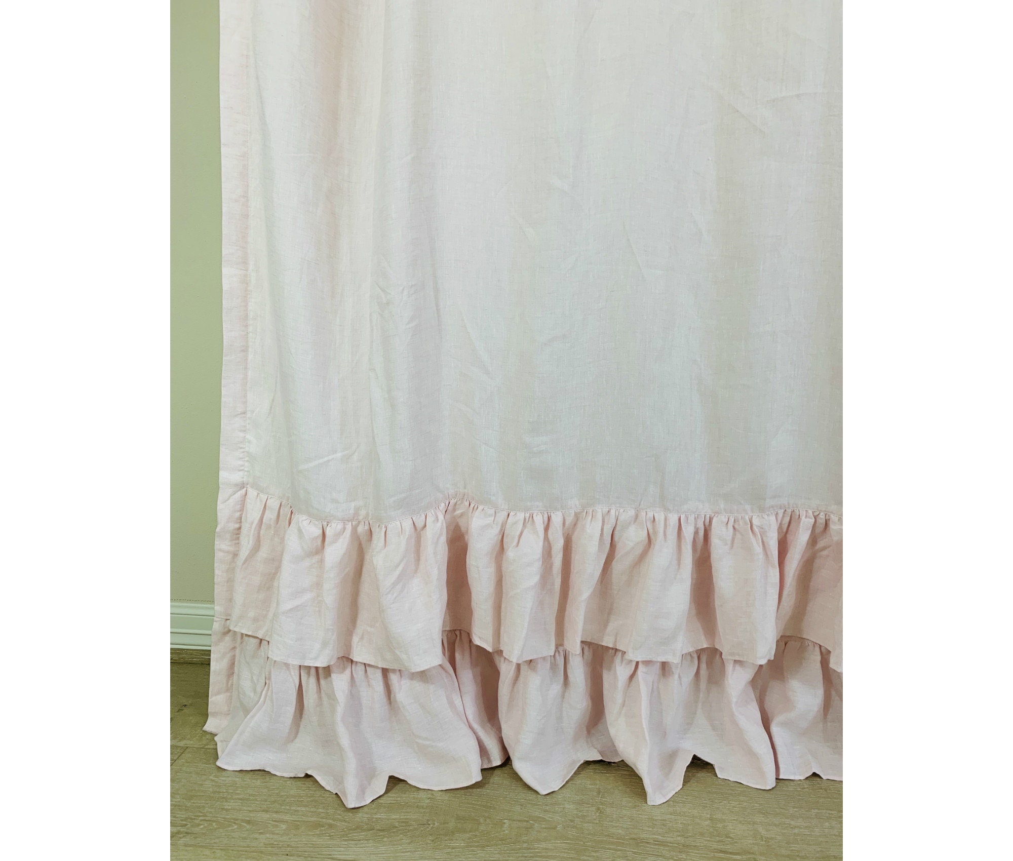 Blush Pink Linen Shower Curtain With Two Tiered Ruffles Etsy