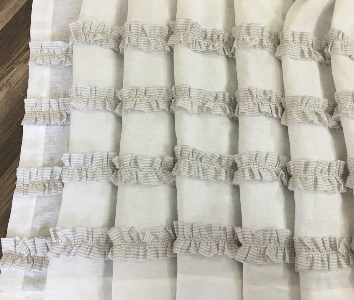 White Linen Shower Curtain with Grey ticking stripes 4 rows of Etsy