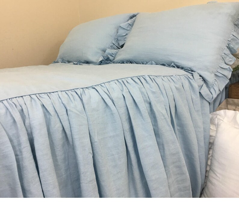 Blue Linen Bedspread Ruffled Bed Cover Handmade in Natural Etsy