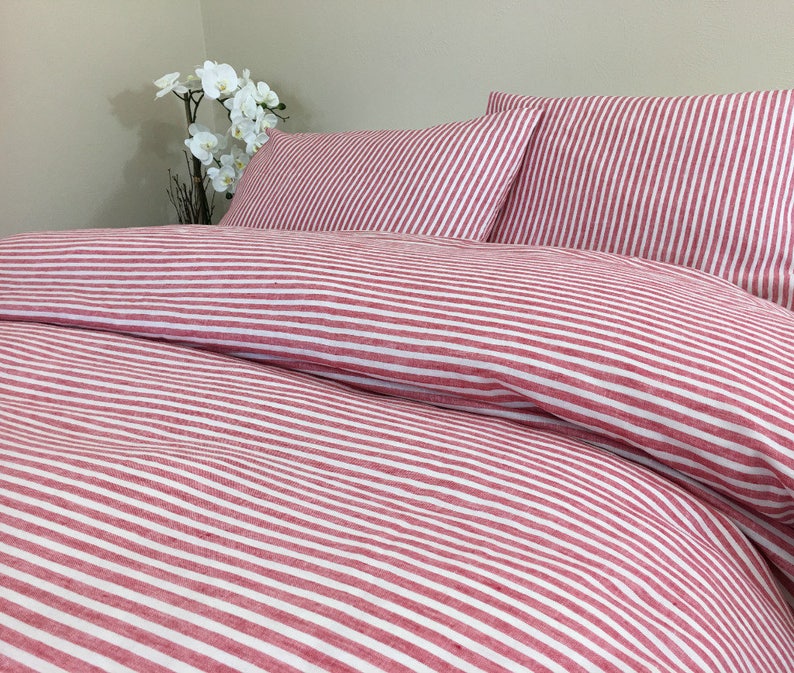 Red and White Striped Linen Duvet Cover Farmhouse Comfy Etsy