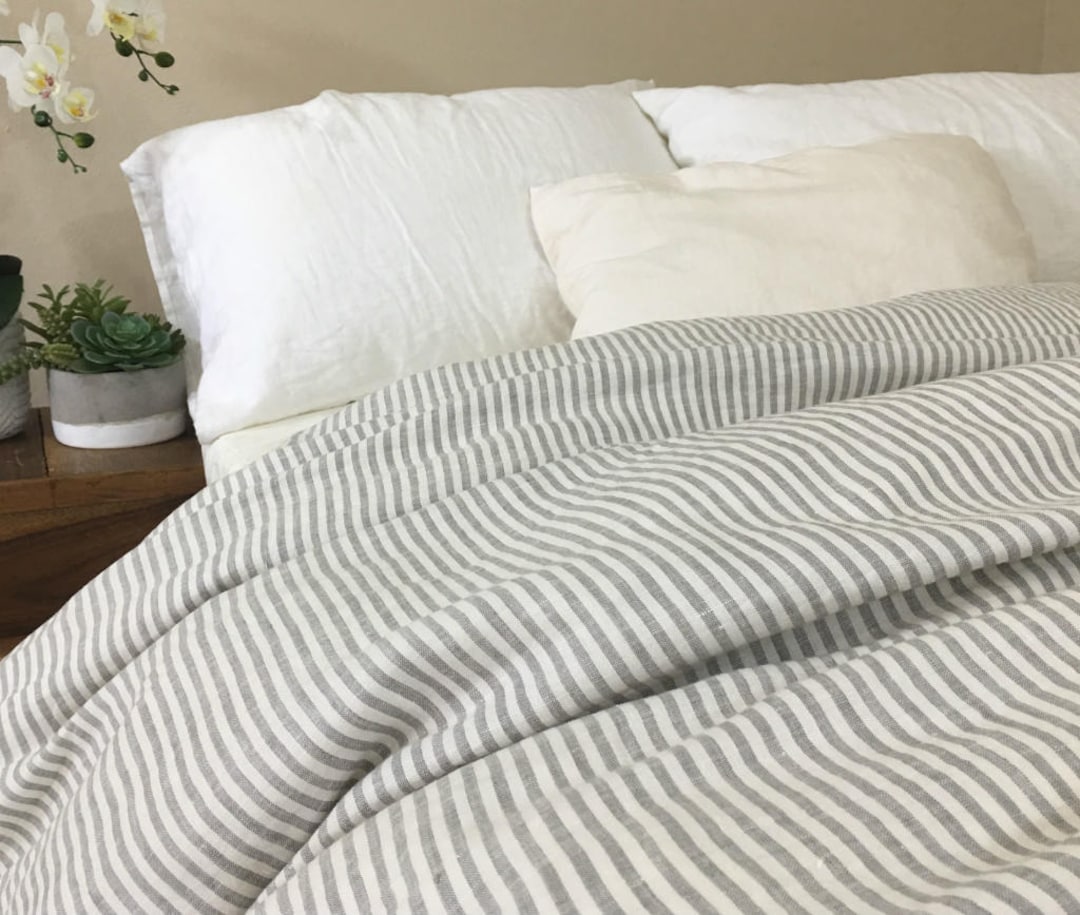 Grey Striped Duvet Cover, Reversible, Bengal Stripe Grey Linen on One Side, Soft White Linen on