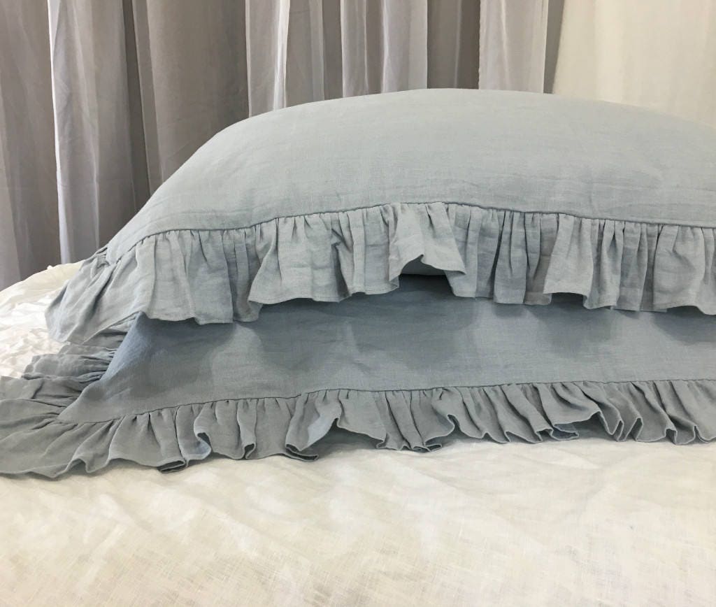 Duck Egg Blue Linen Ruffle Euro Sham Cover Natural Linen Euro Etsy