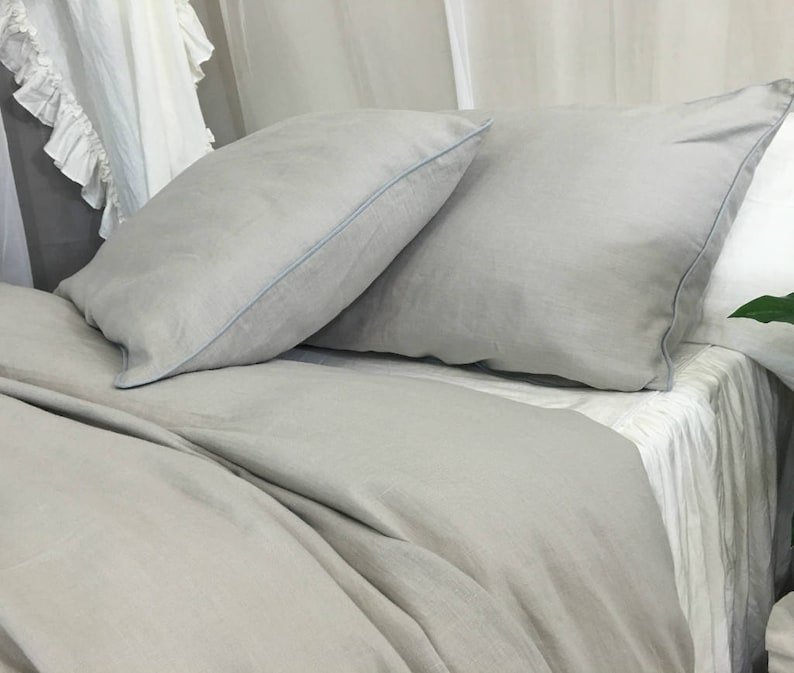 Linen Duvet Cover With Piping Finish White Gray Blue Pink Etsy