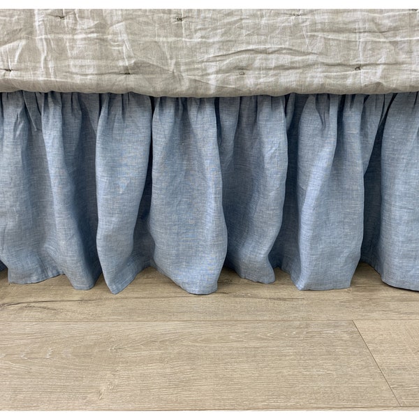 Chambray Surf Blue Linen Bed Skirt with gathered ruffles, Blue Chambray Weave linen dust ruffles, 15-24 drop or Custom Size