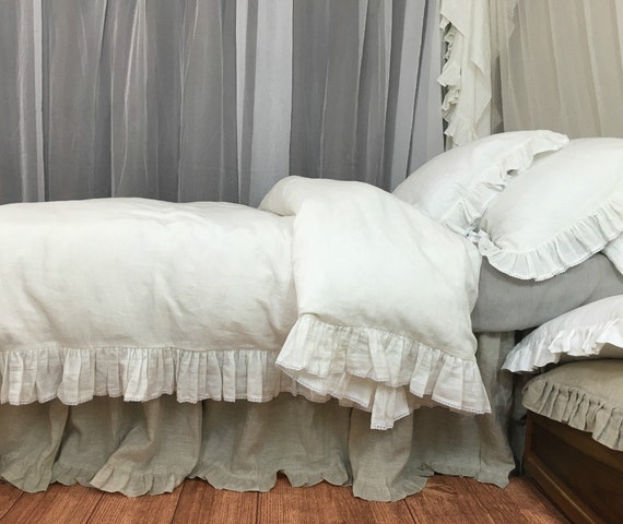 Soft White Ruffle Duvet Cover With Lace Linen Ruffle Bedding Etsy