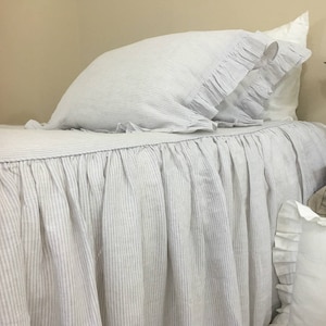 Stone Grey Ticking Striped Bedspread, Ruffled Bed Cover, Natural Linen Weaved Stripes