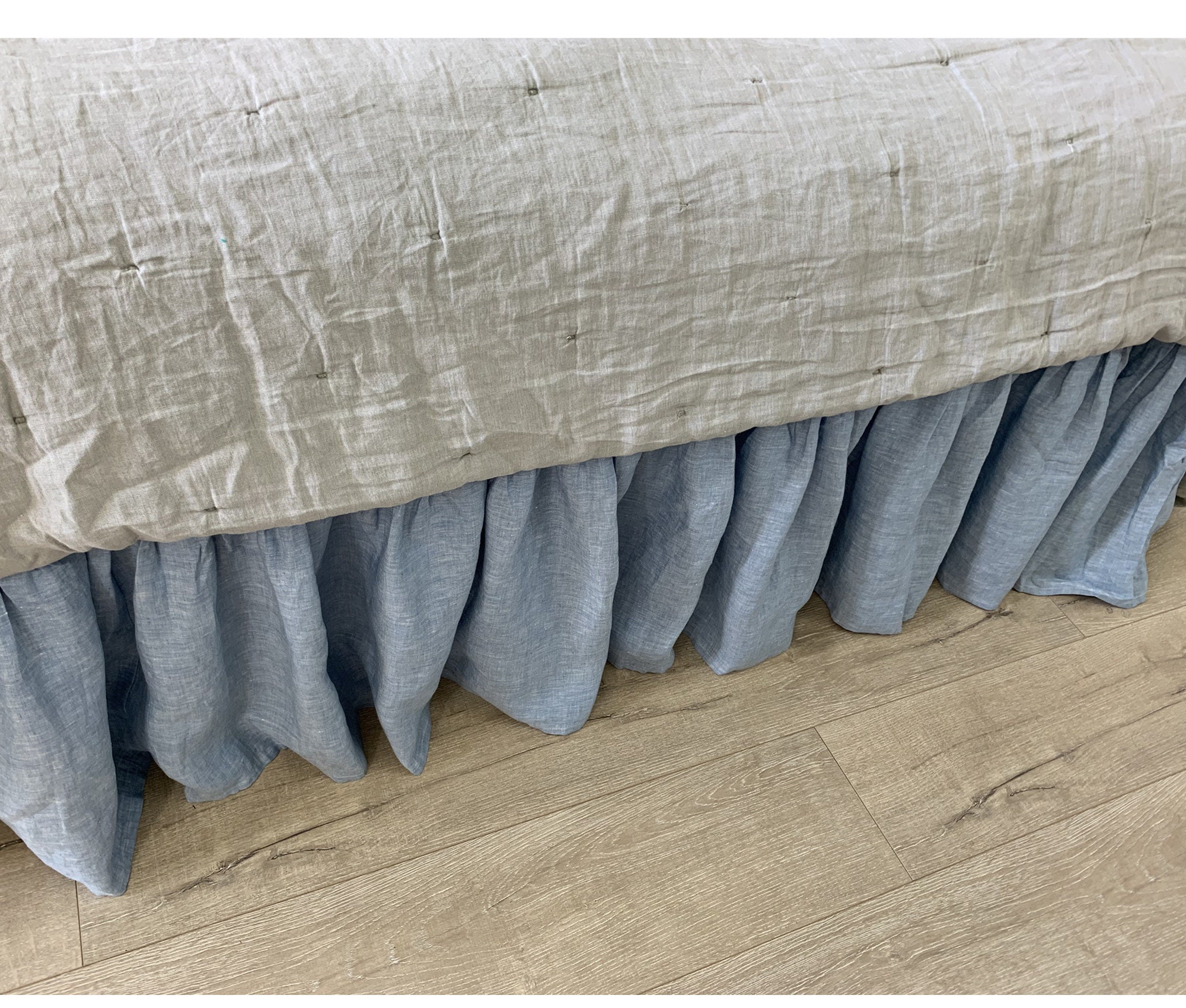 Chambray Surf Blue Linen Bed Skirt With Gathered Ruffles Blue Etsy