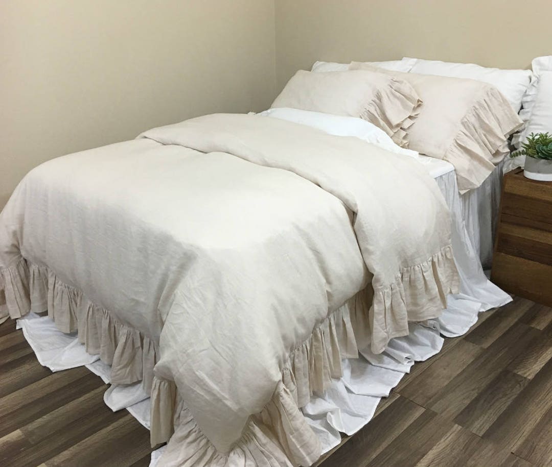 Cream Linen Duvet Cover With Mermaid Long Ruffles, Sumptuous Soft, All