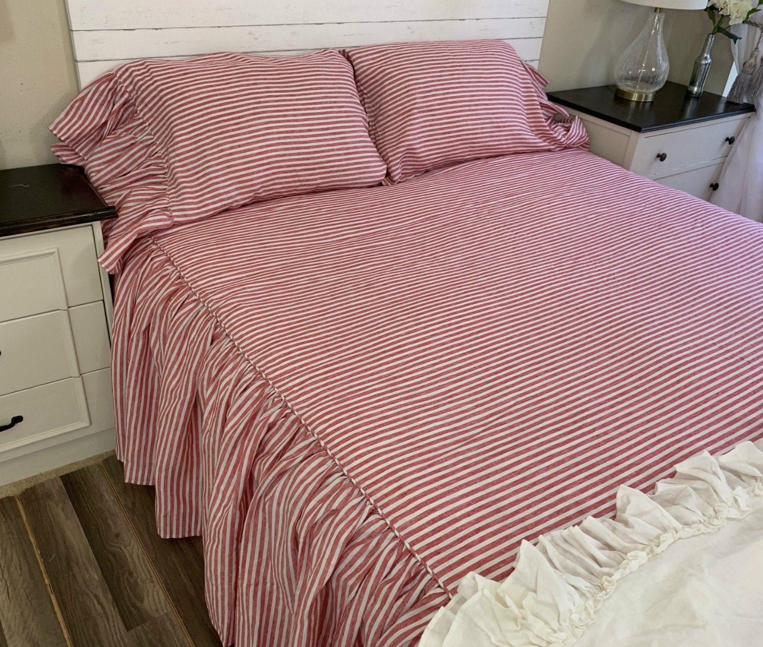Red and White Striped Bedspread Linen Bed Cover Farmhouse Etsy