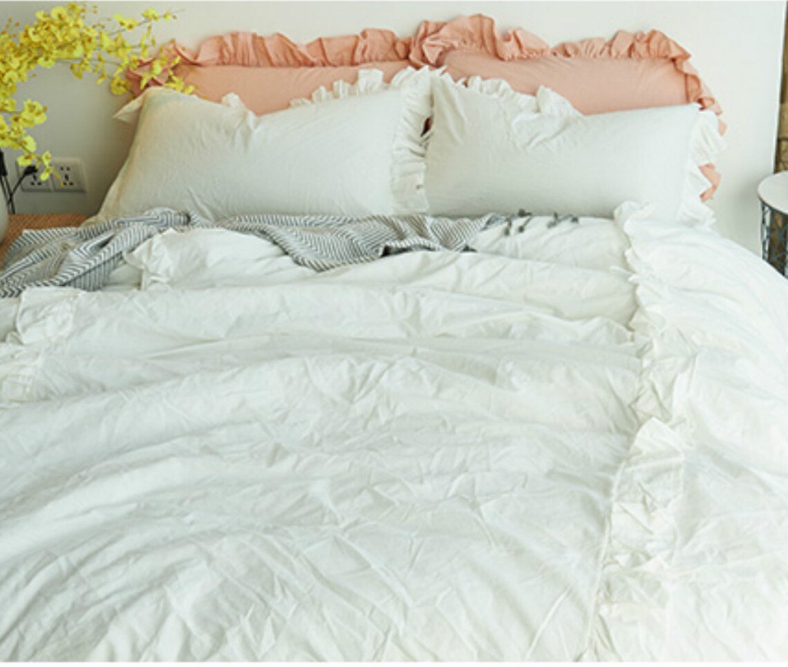 White Ruffle Doona White Ruffle Duvet Cover Set, Pima Cotton 300TC Sateen Weave Duvet ...