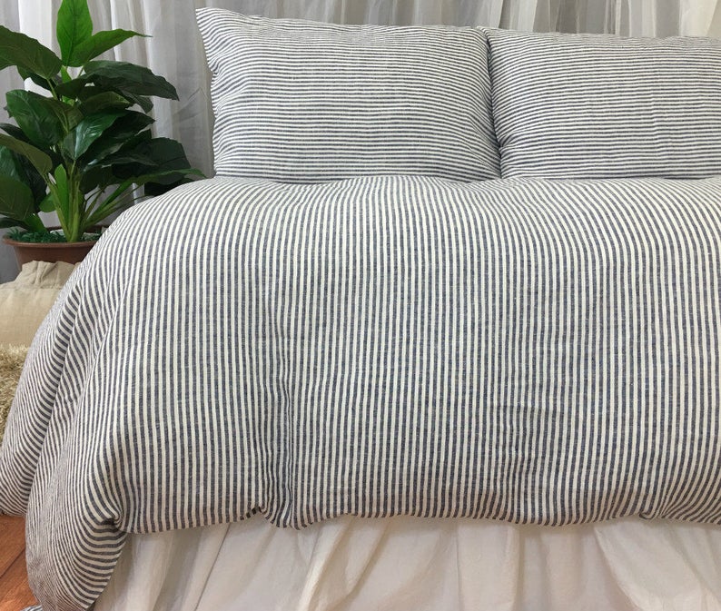 Navy And Whites Striped Duvet Cover Natural Linen 100 Flax Custom