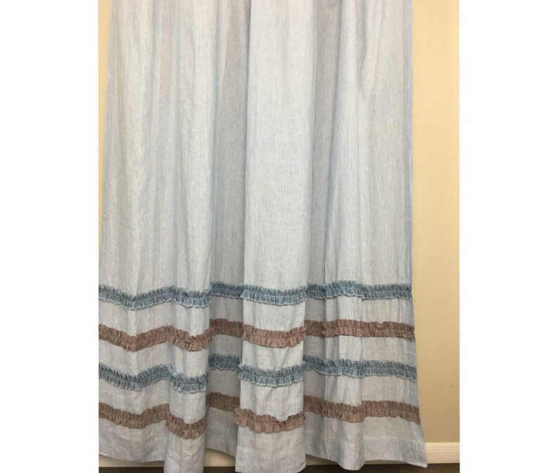 Blue and White Ticking Stripe Shower Curtain With Chambray Etsy
