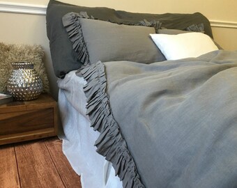 Medium Grey ruffled duvet cover handmade with vintage ruffle style, linen bedding, shabby chic bedding, ruffle bedding, grey bedding