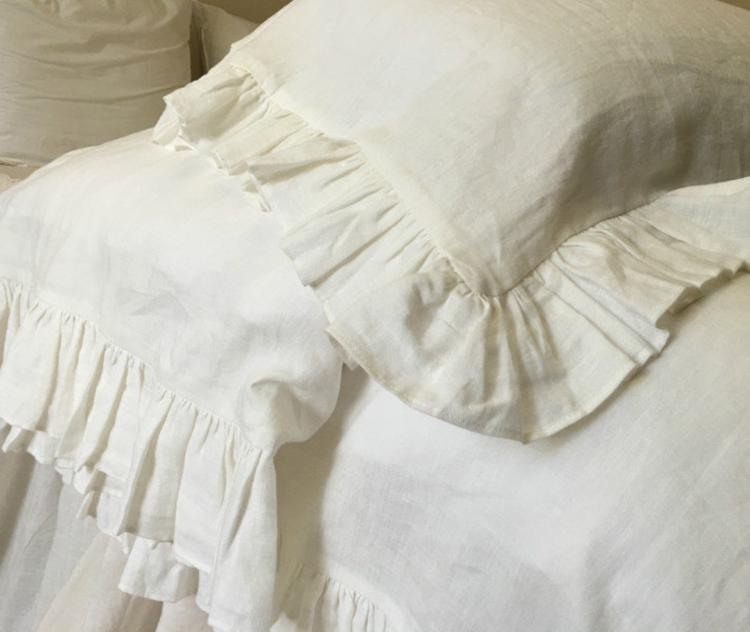 SOFT WHITE Ruffle Pillow Sham, Soft White Linen Ruffle Euro Sham