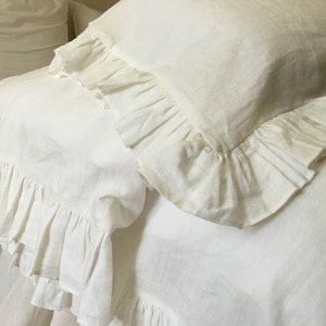 SOFT WHITE Ruffle pillow sham, Soft White linen ruffle Euro sham, accented pillow cover
