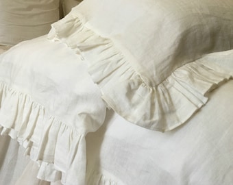 SOFT WHITE Ruffle pillow sham, Soft White linen ruffle Euro sham, accented pillow cover