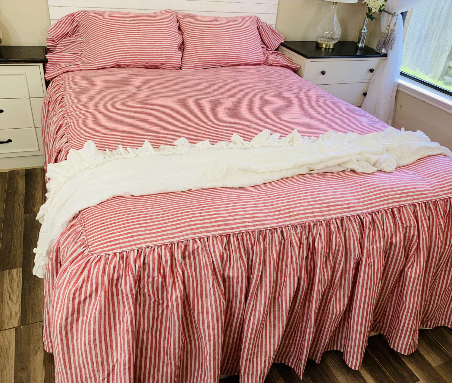 Red and White Striped Bedspread Linen Bed Cover Farmhouse Etsy