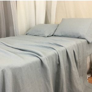 Enteneiblaue Bettwäsche aus natürlichem Leinen, Twin Size