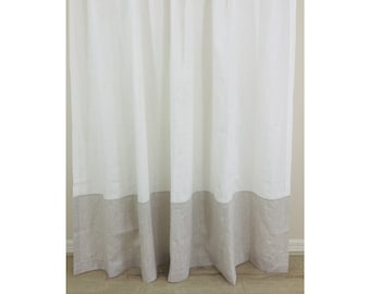 Soft White Linen and Medium Weight Linen Color Block Shower Curtain, Custom Size Shower Curtain, Extra Wide, Extra Long
