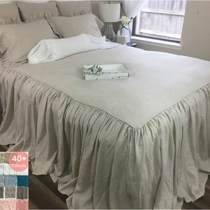 Bedspread with gathered ruffle fall, linen bedspread, ruffle bedding linen, chic bedding,  Shabby Look, queen bedspread, king bedspread,