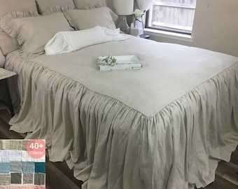 Bedspread with gathered ruffle fall, linen bedspread, ruffle bedding linen, chic bedding,  Shabby Look, queen bedspread, king bedspread,