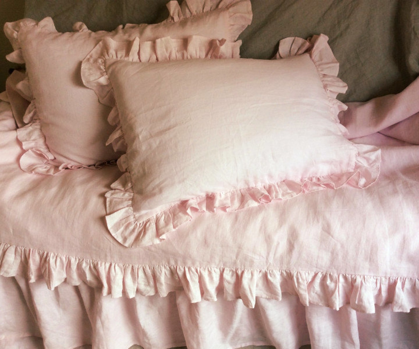 Pink Ruffle Duvet Cover Handmade in Natural Linen Shabby Chic Etsy