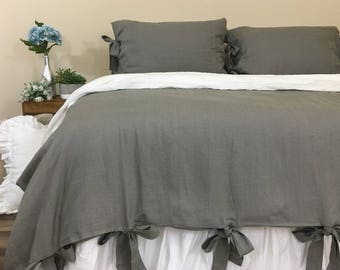 Medium Grey Linen Duvet Cover with Bow Ties – Country Rustic
