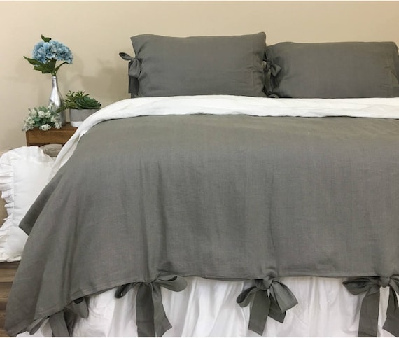 Medium Grey Linen Duvet Cover With Bow Ties Country Rustic Etsy