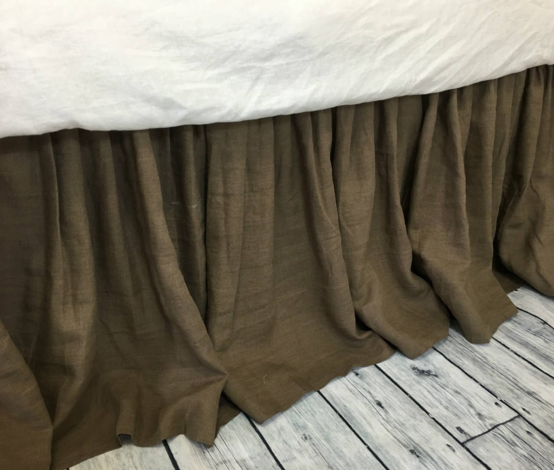 Cedar Dark Brown Linen Bed Skirt, Gathered Ruffle, Dark Brown Bed Skirt