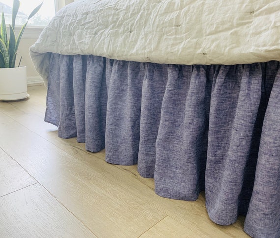 Chambray Denim Linen Bed Skirt With Gathered Ruffles, Chambray