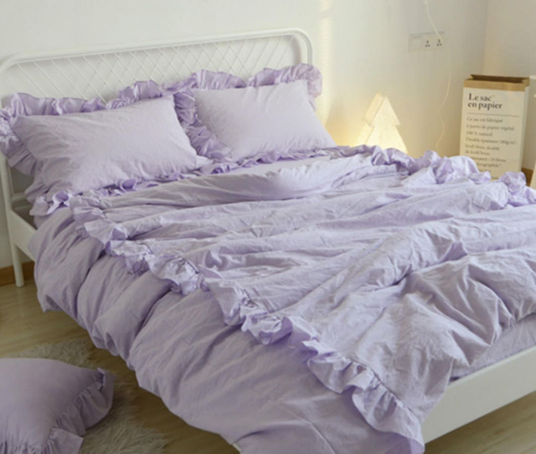 Lavender Purple Duvet Cover With 2 Rows of Ruffles, 100 Washed Linen Fabric, Soooooo Pretty Etsy