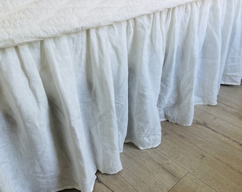 Soft white linen Bed Skirt, off white linen bed skirt with gathered ruffles