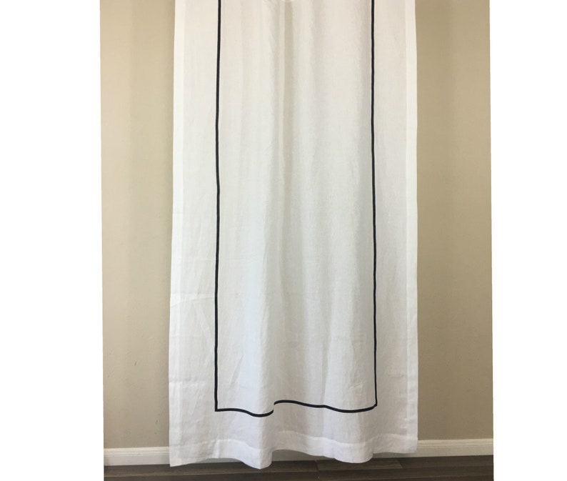 White Linen Shower Curtain With Border Trim Hotel Framed Etsy